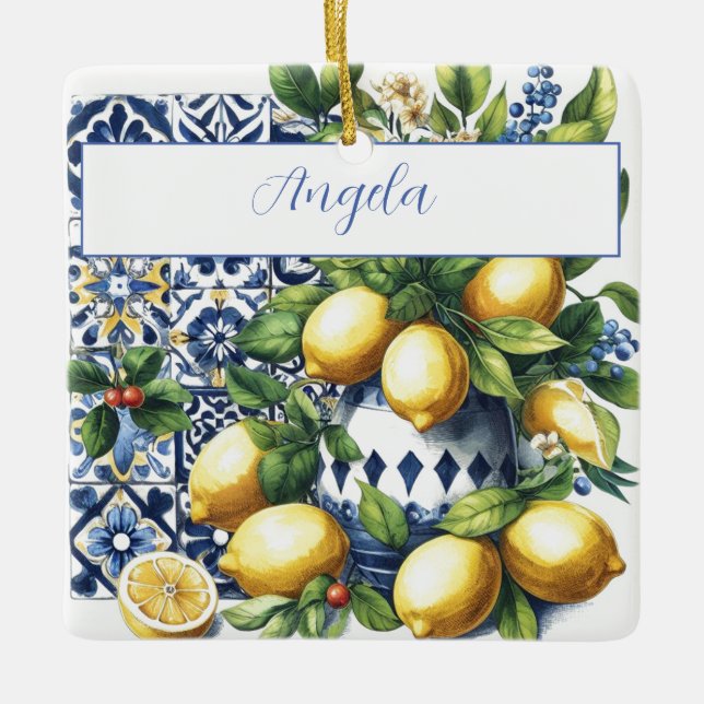 Italian blue tiles and lemons | your name ceramic ornament (Front)