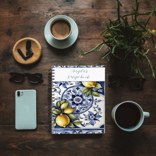 Italian blue tiles and lemons your name recipe  notebook