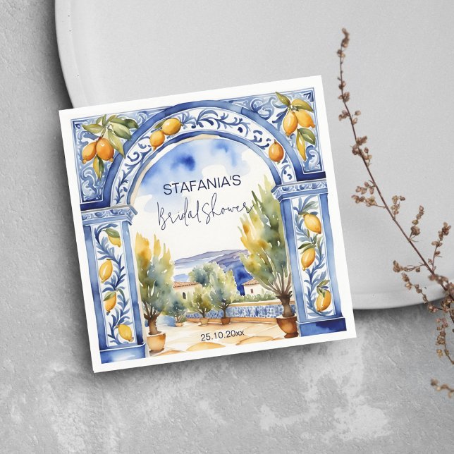 Italian Blue tiles arch lemons bridal shower Napkin (Italian Blue tiles arch lemons bridal shower tableware personalized napkins Napkins watercolor scene)