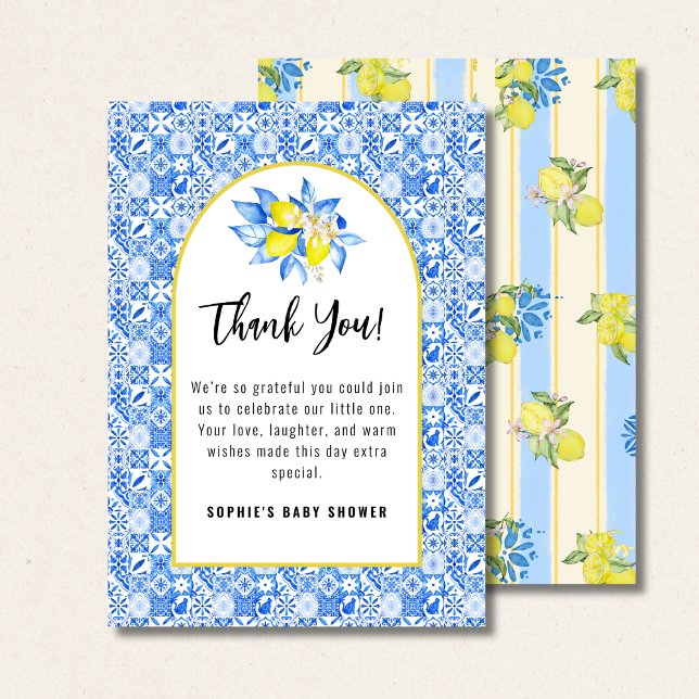 Italian Blue Tiles, Ciao Baby, Lemons square Thank You Card (Creator Uploaded)