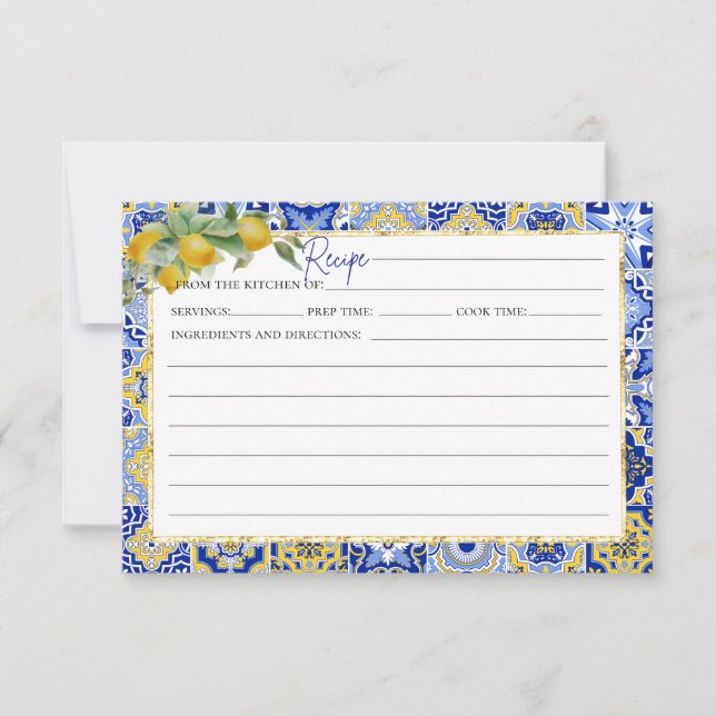 Italian Blue Tiles Citrus Lemon Recipe Card (Front)