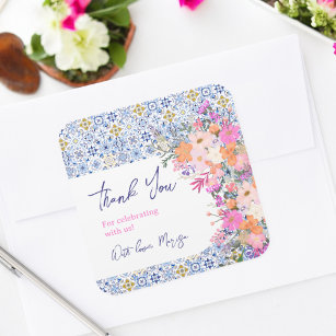 Italian blue tiles floral thank you baby shower square sticker