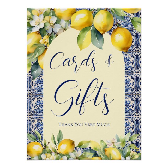 Italian blue tiles & lemon baby shower cards gifts poster (Front)