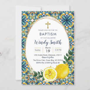 Italian Blue Tiles Lemon Baptism Invitation