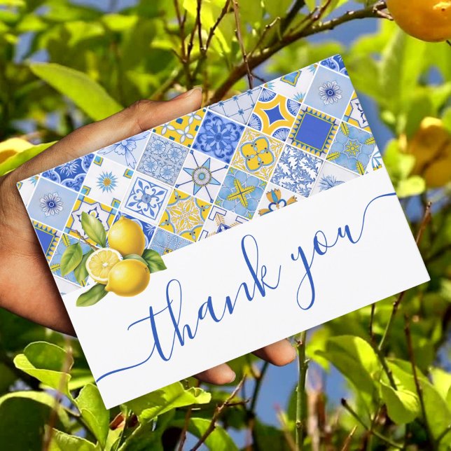 Italian Blue Tiles Lemon Summer Bridal Shower  Thank You Card (Italian Blue Tiles Lemon Summer Bridal Shower Thank You Card)