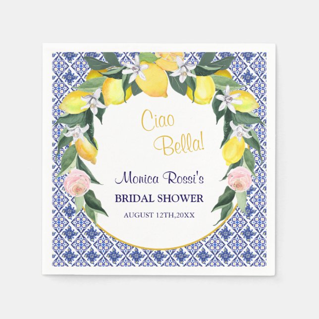 Italian Blue Tiles Lemons Ciao Bella Bridal Shower Napkin (Front)