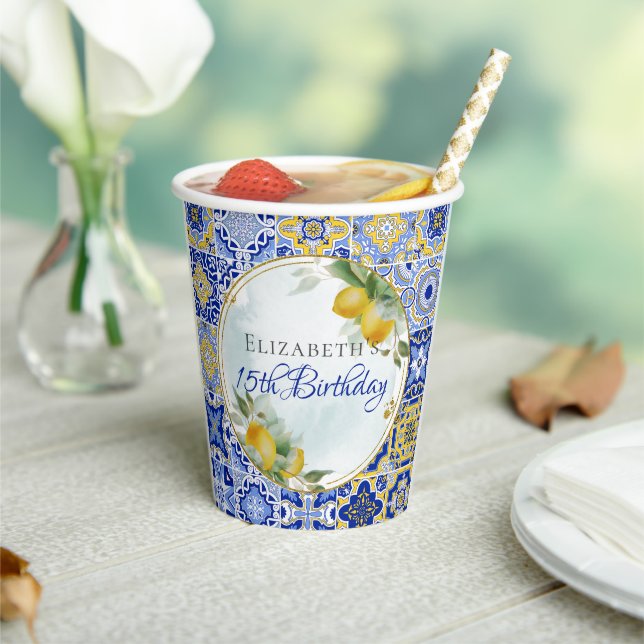 Italian Blue Tiles Lemons Gold Glitter Frame Party Paper Cups (Insitu)
