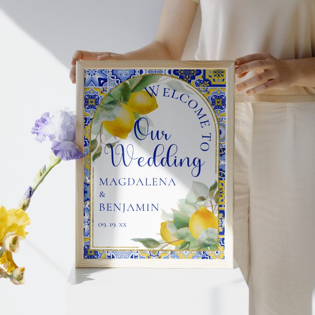 Italian Blue Tiles Lemons Mediterranean Wedding Poster (Creator Uploaded)