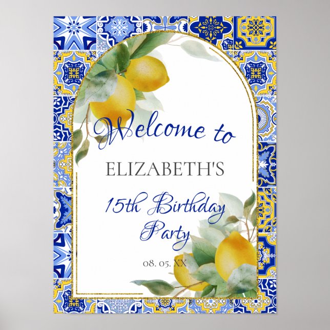 Italian Blue Tiles Lemons Watercolor Party Welcome Poster (Front)