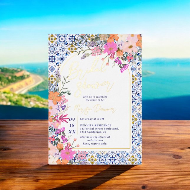 Italian blue tiles watercolor floral bridal shower (Italian blue tiles watercolor floral bridal shower foil invitation)