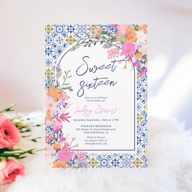 Italian blue tiles watercolor floral Sweet 16 Invitation (Italian blue tiles watercolor floral Sweet 16 Invitation)