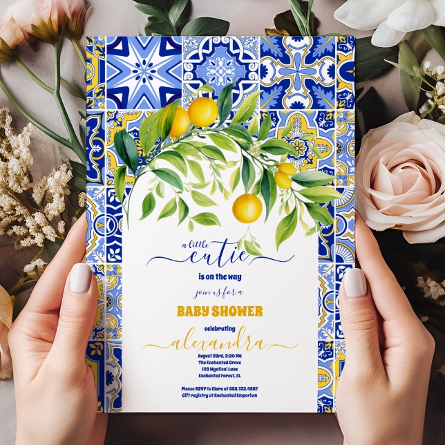 Italian blue tiles watercolor lemon baby shower invitation (Creator Uploaded)