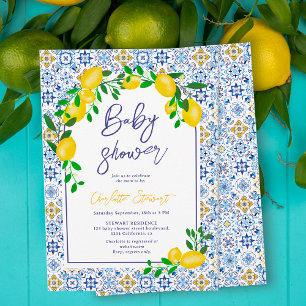 Italian blue tiles watercolor lemon baby shower invitation