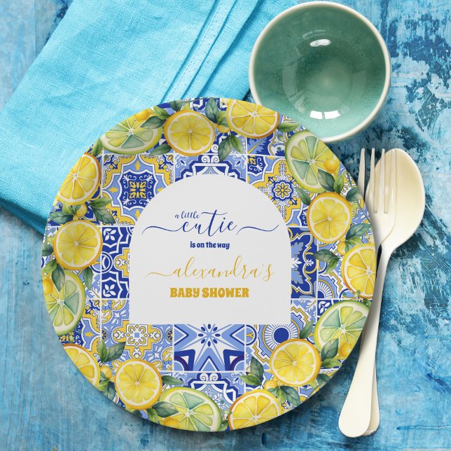Italian blue tiles watercolor lemon baby shower paper plate (Creator Uploaded)