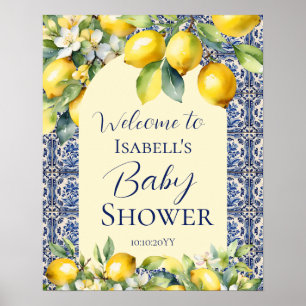 Italian blue tiles watercolor lemon baby welcome poster