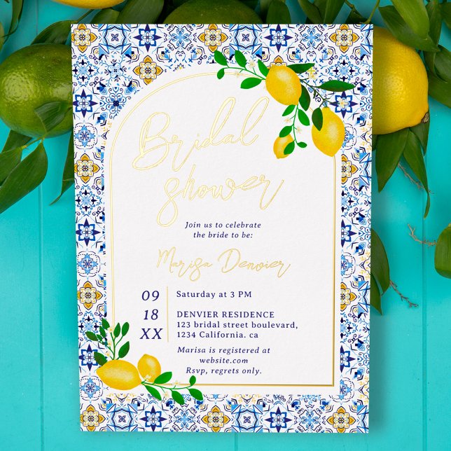 Italian blue tiles watercolor lemon bridal shower (Creator Uploaded)