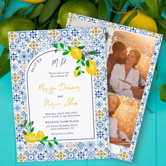 Italian blue tiles watercolor lemon photos wedding invitation (Creator Uploaded)