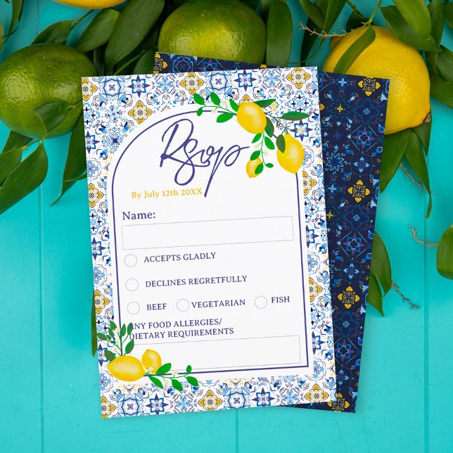 Italian blue tiles watercolor lemon wedding rsvp invitation (Creator Uploaded)