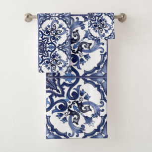 Italian Blue & White Sicilian Majolica Mosaic Bath Towel Set
