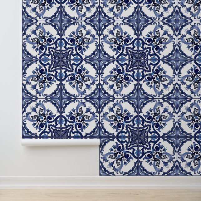 Italian Blue & White Sicilian Majolica Tiles Wallpaper (Application)