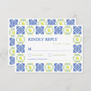 Italian Blue & Yellow Lemon Tile Wedding RSVP Card