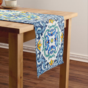 Italian blue yellow Majolica tiles  Short Table Runner