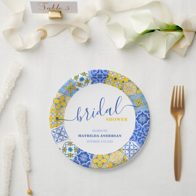 Italian Blue Yellow Tiles Summer Bridal Shower  Paper Plate (Wedding)