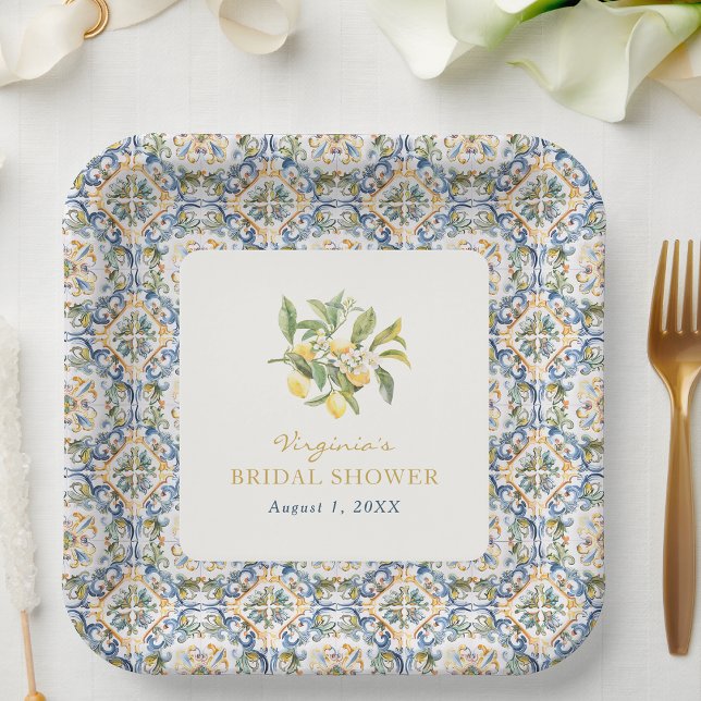 Italian Bridal Shower Paper Plate (Italian Lemon Blue Bridal Shower Paper Plate by Painted Paperie
)
