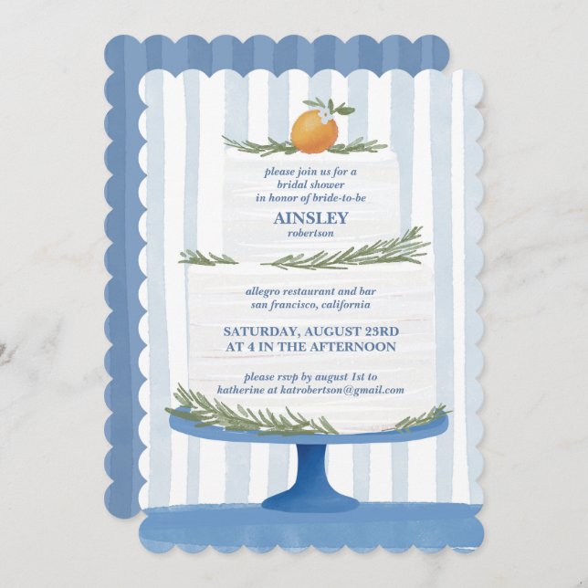 Italian Cake Blue Striped Bridal Shower Invite (Front/Back)