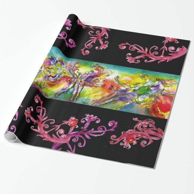 ITALIAN CARNIVAL DANCE,  RED PURPLE  FLORAL SWIRLS WRAPPING PAPER (Unrolled)
