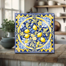 Italian Ceramic Lemon Tile Blue Majolica