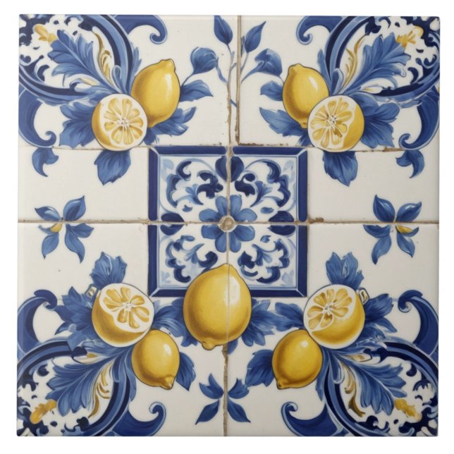 Italian Ceramic Lemons Tile Blue White  (Front)
