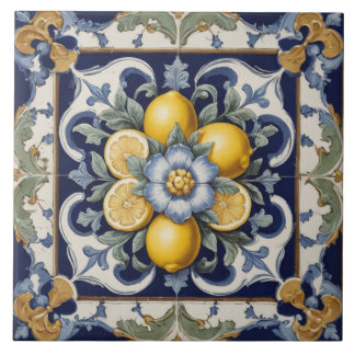 Italian Ceramic Lemons Tile Blue White