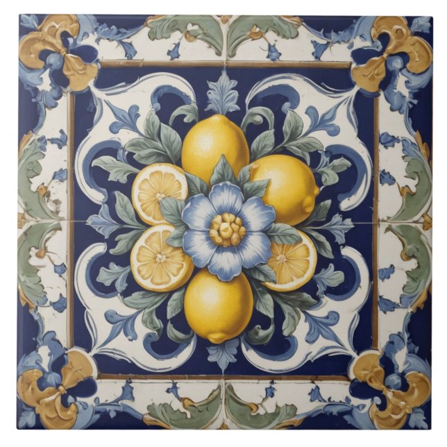 Italian Ceramic Lemons Tile Blue White  (Front)