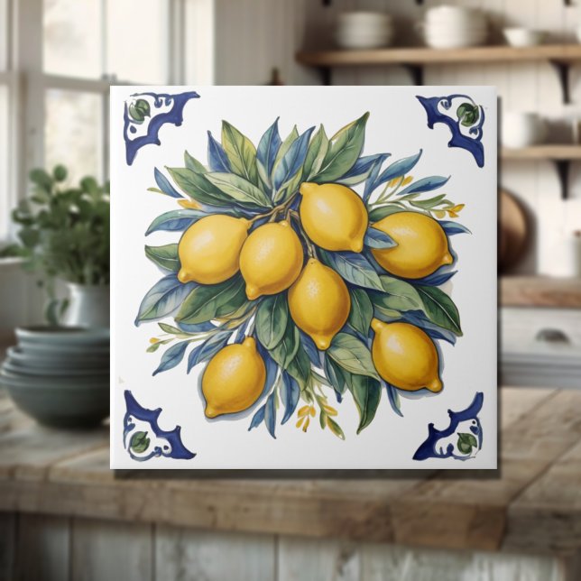 Italian Ceramic Lemons Tile Blue White  (Creator Uploaded)