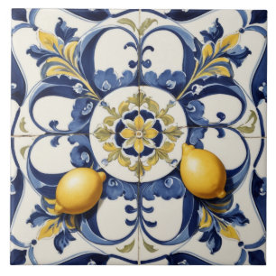 Italian Ceramic Lemons Tile Blue White