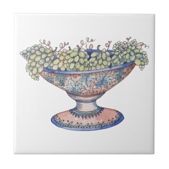 Italian Ceramic Pedestal Bowl with Green Grapes Tile (Front)