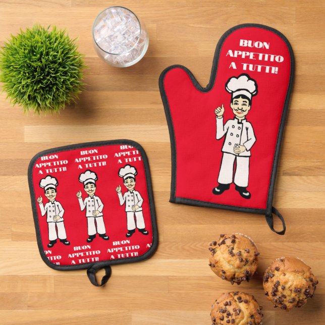 Italian chef buon appetito oven mitt & pot holder set (Top Down)