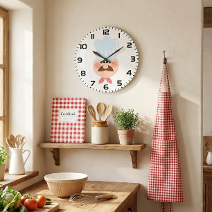 Italian Chef Face with Moustache and Hat Large Clock