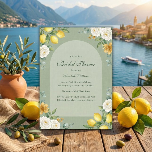 Italian Citrus Sage Green Bridal Shower Invitation (Sage Green Bridal Shower – Lemons, White Roses & Eucalyptus, Arch, Personalized)