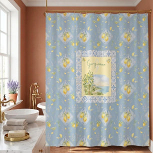 Italian Coast Monogram Name Watercolor Lemon Tile Shower Curtain