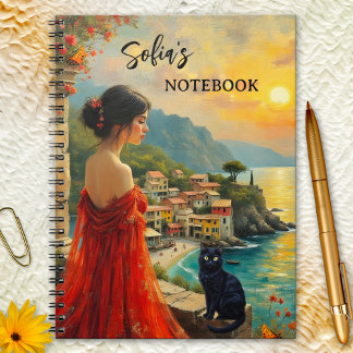 Italian Coast with Lady and Black Cat Notebook