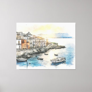 Italian coastal town boats in a watercolor sketch canvas print