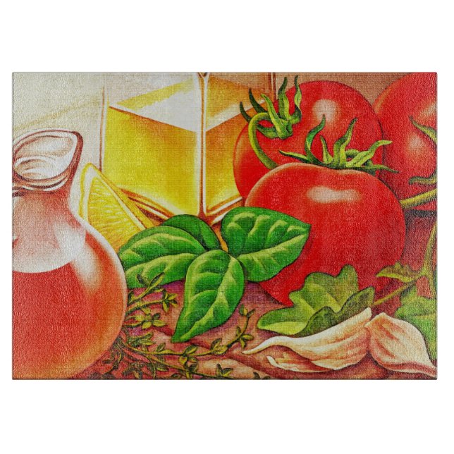 Italian Cooking Ingredients Tomatoes and Basil Cut Cutting Board (Front)