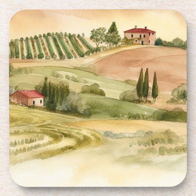 Italian Countryside Scenic Italy Watercolor Coaster (Front)