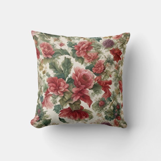 Italian Delicate Pink-Red Roses and Leaves Cushion (Front)