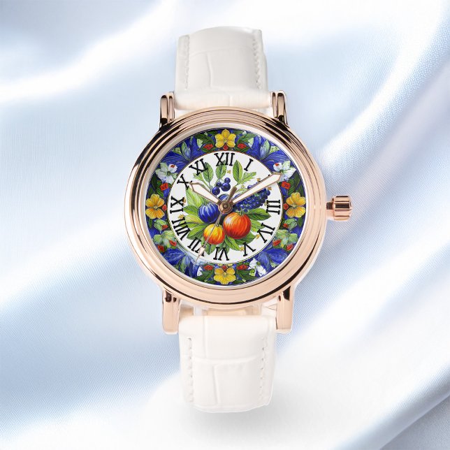 Italian Deruta Bouquet Fruits And Vegetables Motif Watch (Zazzle Italian Deruta Bouquet Fruits And Vegetables Motif Watch Satin Background)