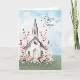 Italian Easter Buona Pasqua Church Pink Blossoms Holiday Card