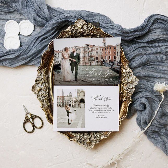 Italian Elegance Classic Script Two Photo Wedding Thank You Card (Creator Uploaded)
