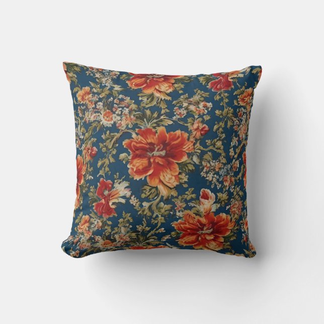 Italian Elegant Vintage Red Flowers and Leaves Cushion (Front)